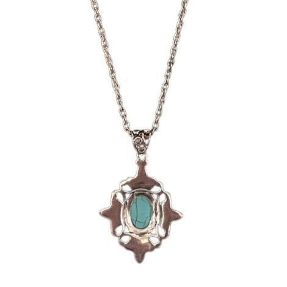Vintage Pendant Necklace Women's Silver-tone Chain Turquoise Cabochon Center - Picture 7 of 9